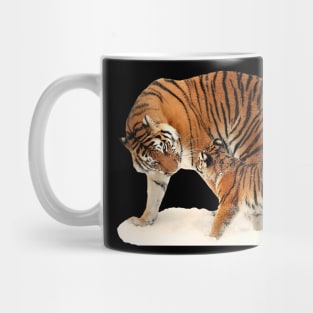 Mom and baby tiger on snow Mug